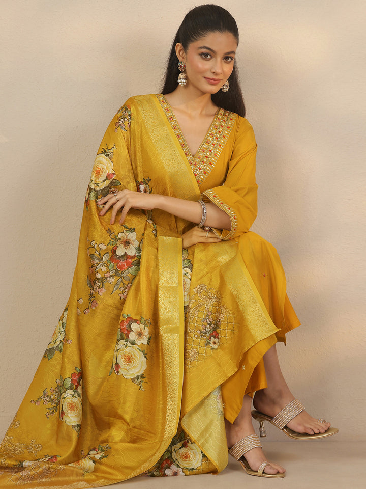 Mustard Embroidered Silk Blend Straight Suit Set With Dupatta