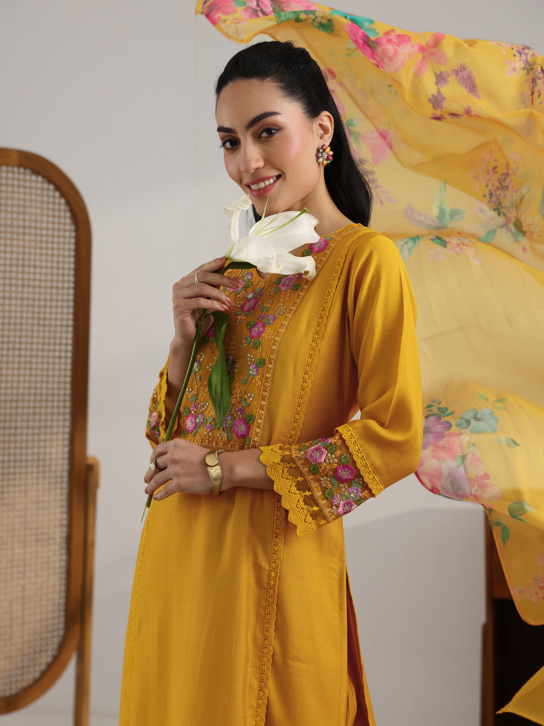 Mustard Embroidered Silk Blend Straight Suit Set With Dupatta