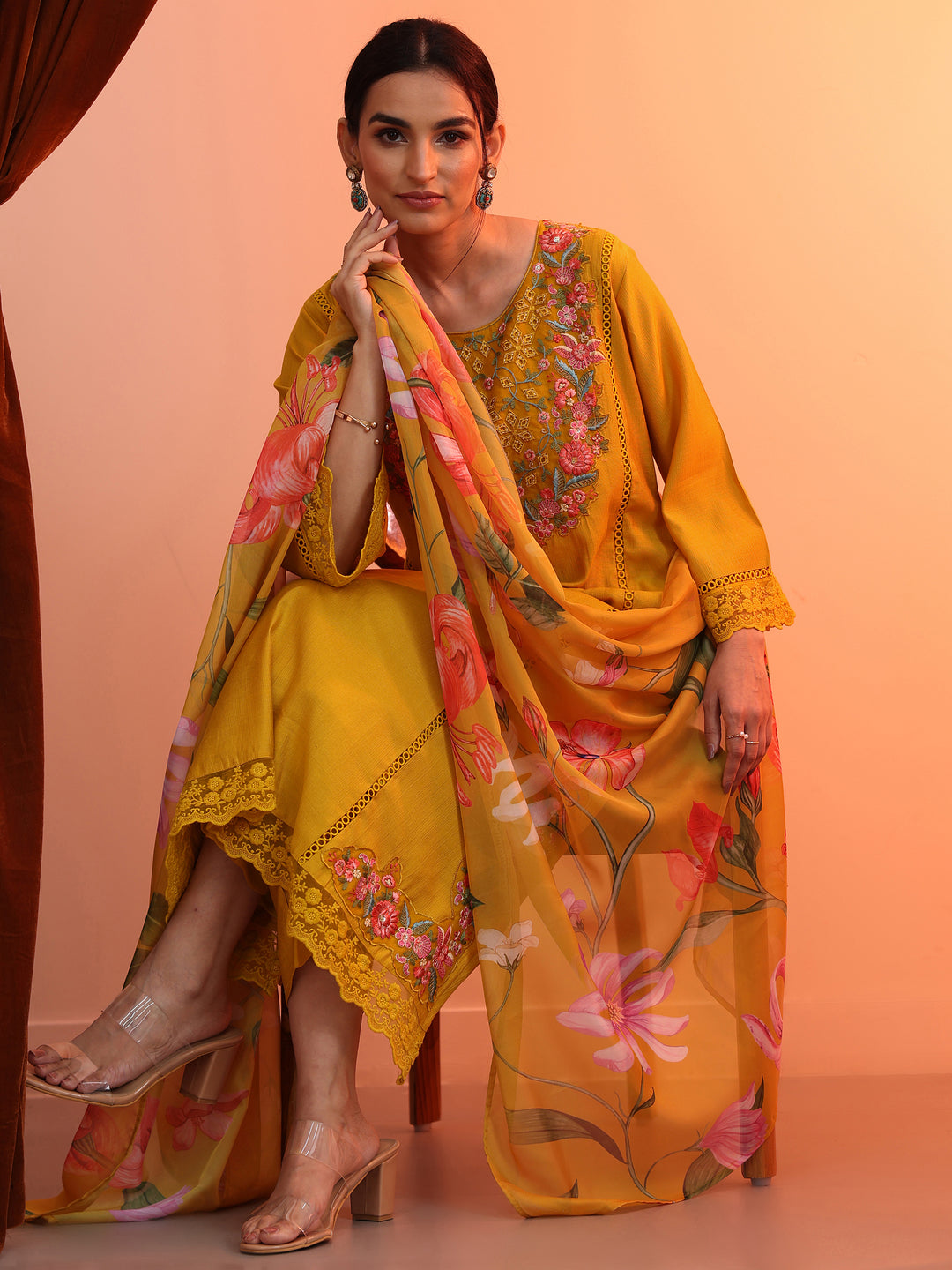 Mustard Embroidered Silk Blend Straight Suit Set With Dupatta
