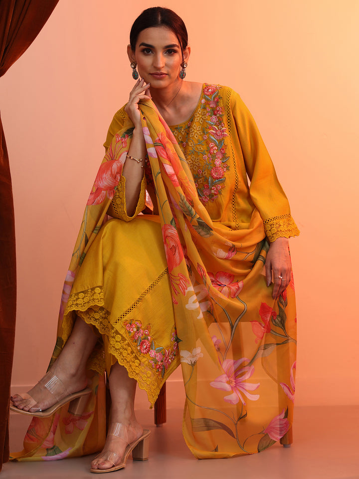 Mustard Embroidered Silk Blend Straight Suit Set With Dupatta