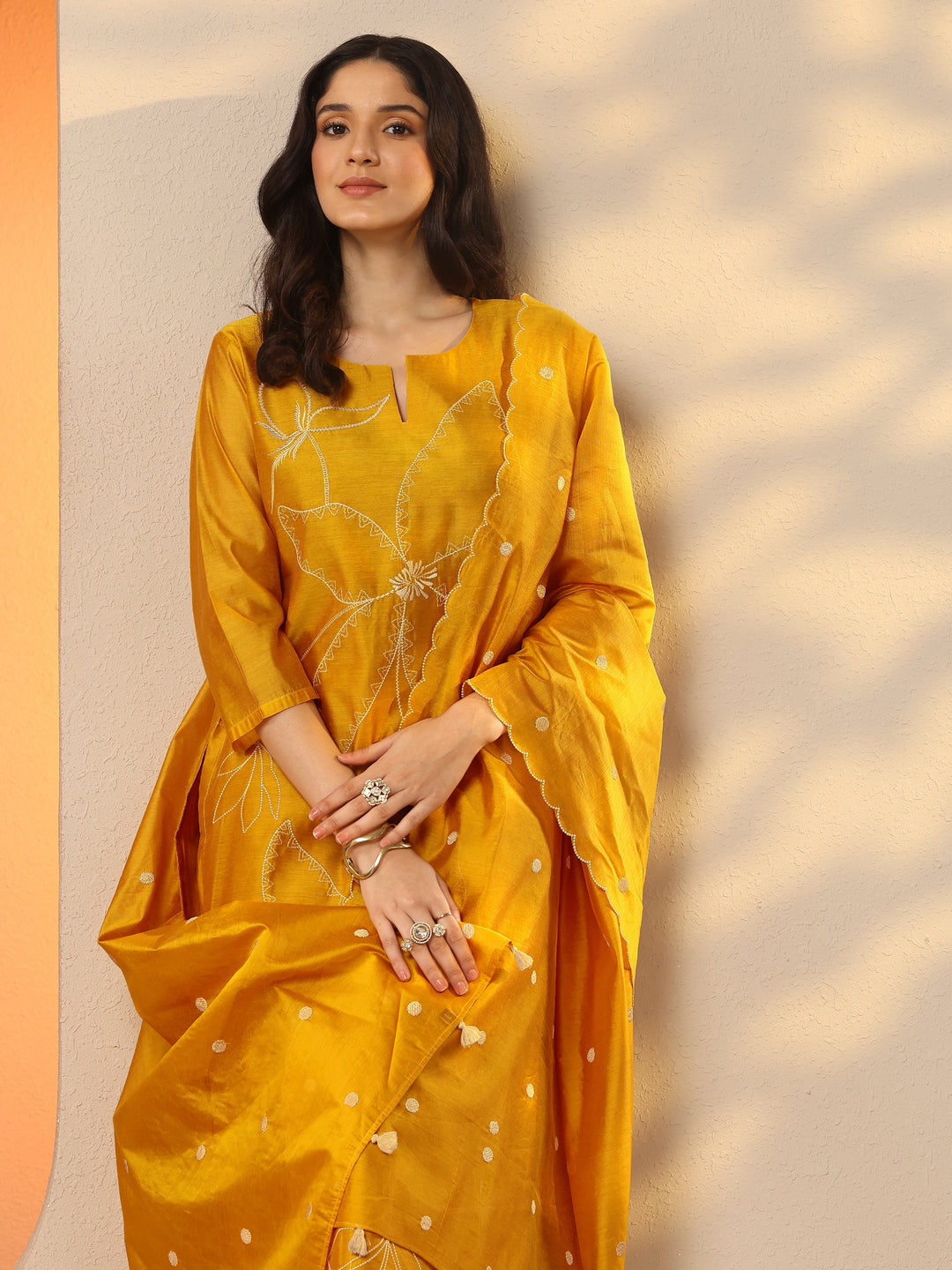 Mustard Embroidered Silk Blend Straight Suit Set With Dupatta