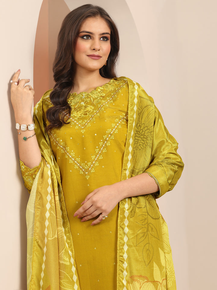 Mustard Embroidered Silk Blend Straight Suit Set With Dupatta