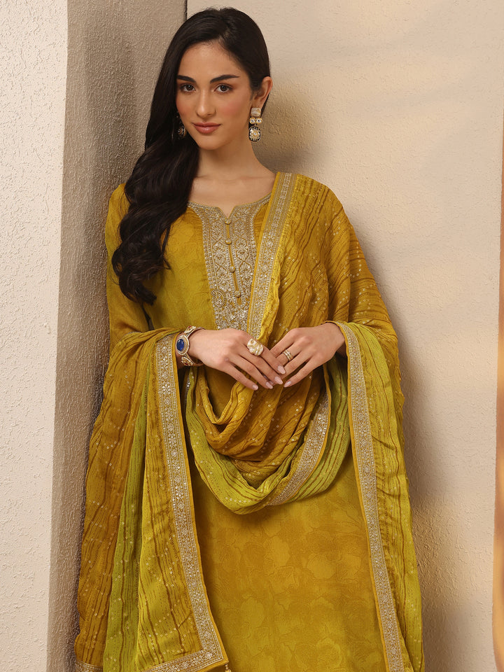 Mustard Embroidered Silk Blend Straight Suit Set With Dupatta