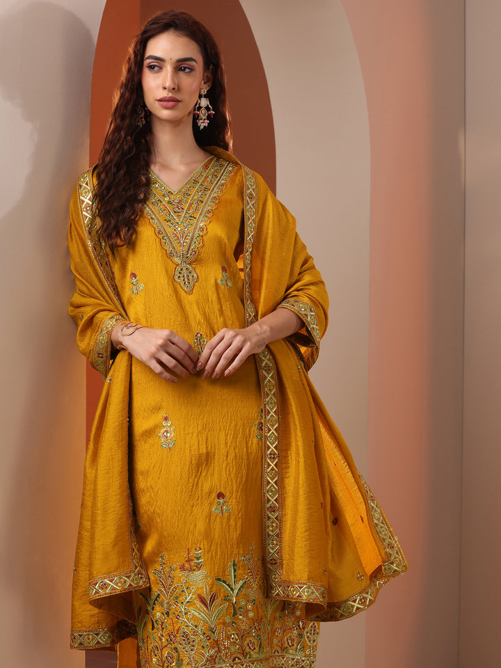 Mustard Embroidered Silk Blend Straight Suit Set With Dupatta