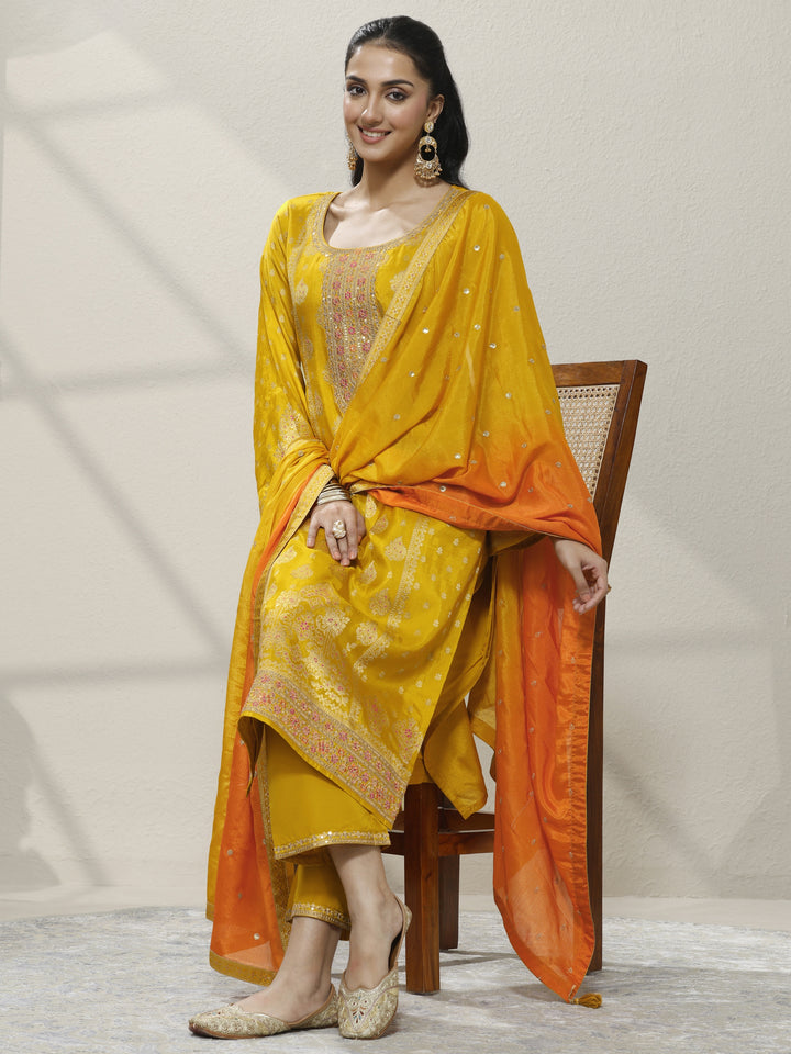 Mustard Embroidered Silk Blend Straight Suit Set With Dupatta