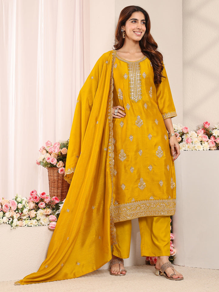 Mustard Embroidered Silk Blend Straight Suit Set With Dupatta