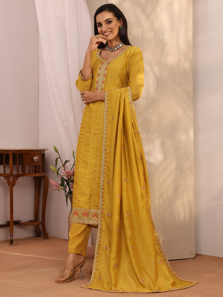 Mustard Embroidered Silk blend Straight Suit Set With Dupatta