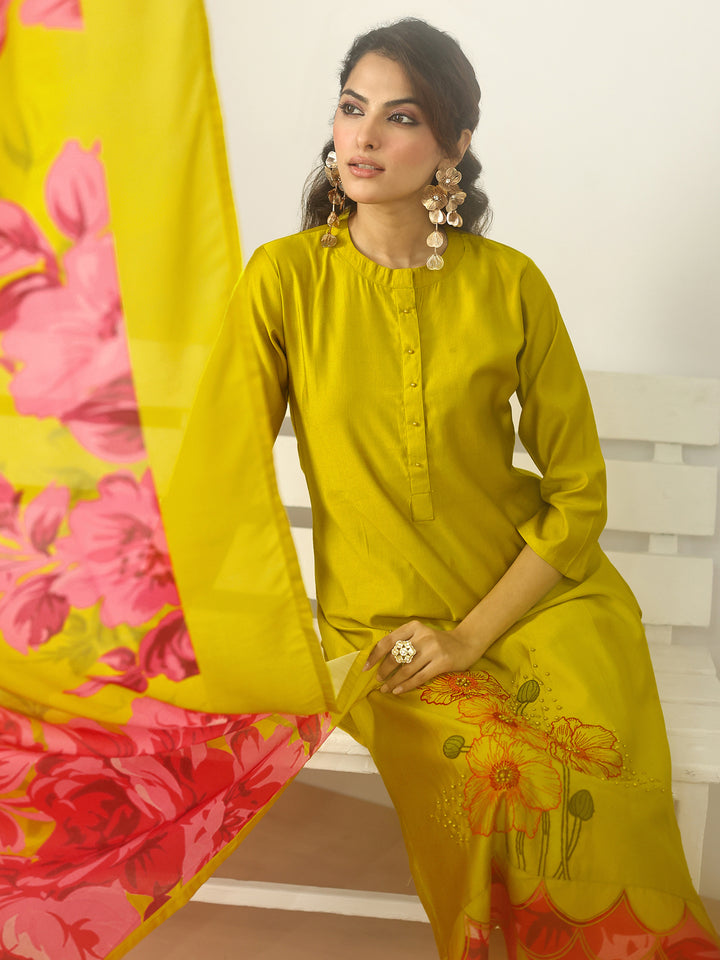 Mustard Embroidered Silk Blend Straight Suit Set With Dupatta
