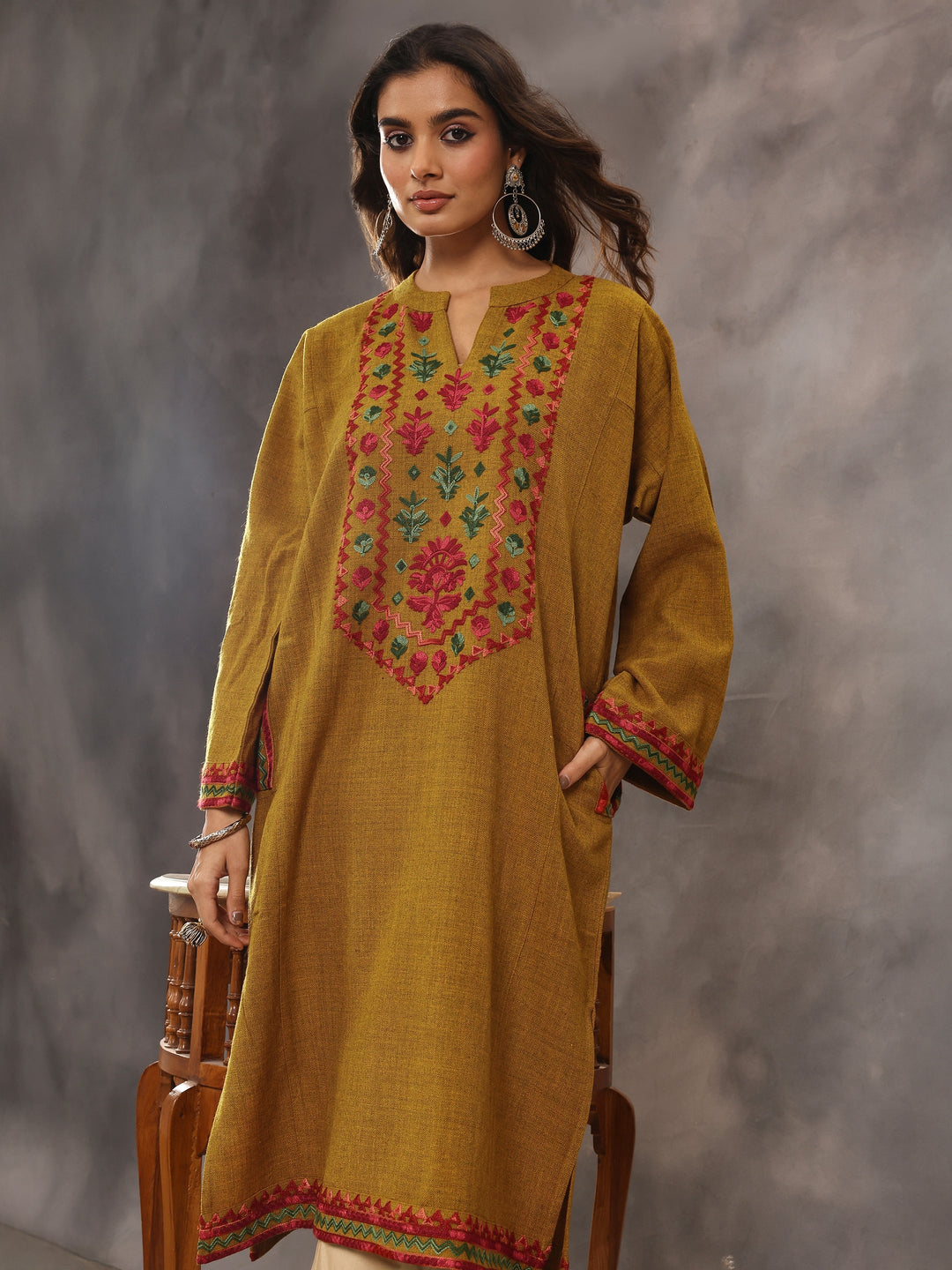 Mustard Embroidered Wool Straight Kurta