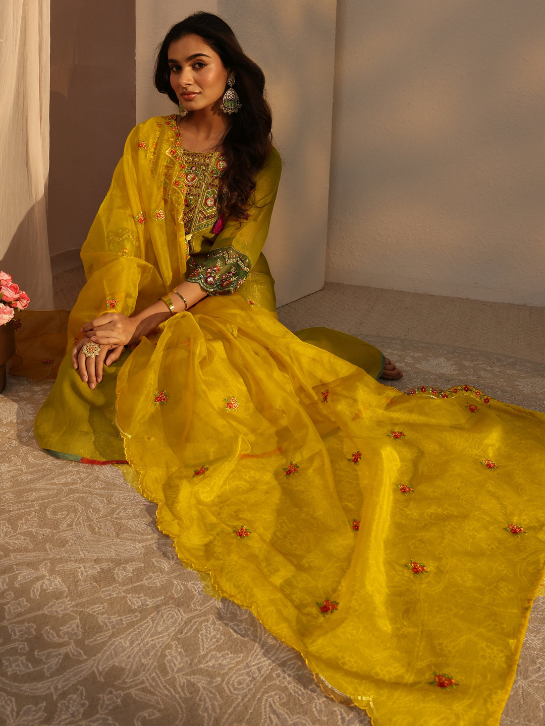 Mustard Ethnic Embroidered Organza A-Line Suits Set With Dupatta