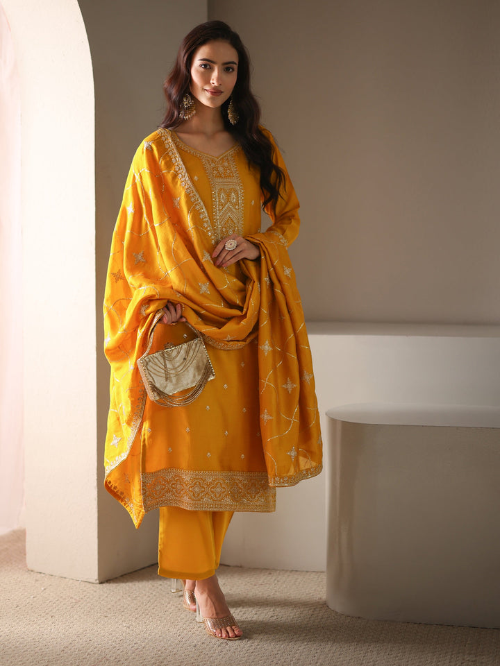 Mustard Ethnic Embroidered Silk Blend Straight Suit Set With Dupatta