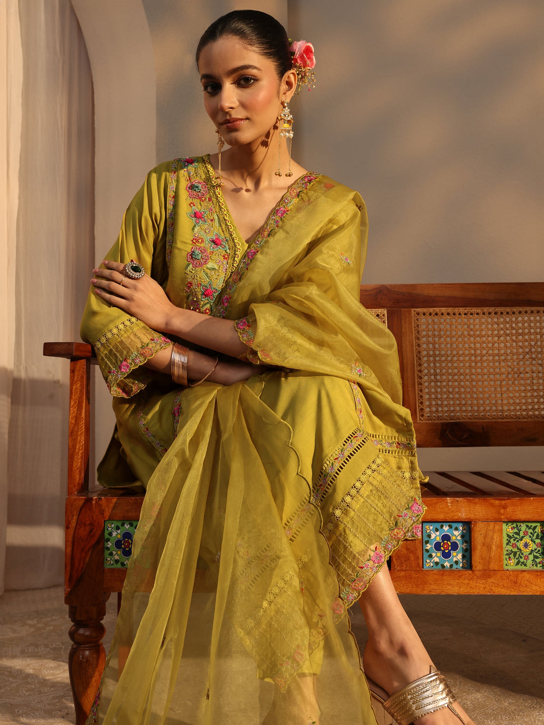 Mustard Ethnic Embroidered Silk Blend Straight Suits Set With Dupatta