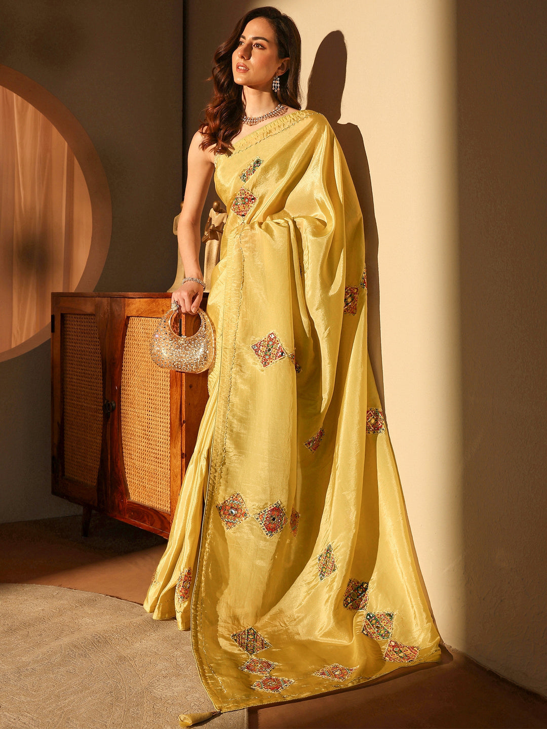 Mustard Ethnic Embroidered Tissue Saree