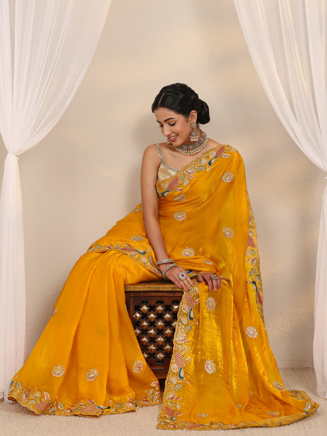 Mustard Ethnic Embroidered Tissue Saree With Unstitched Blouse Piece