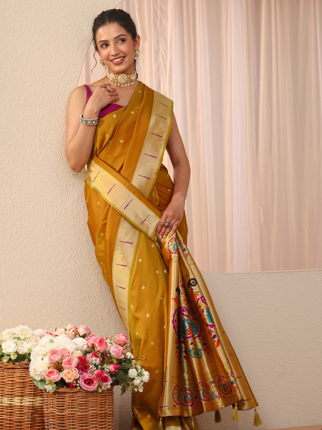 Mustard Ethnic Motif Self Design Silk Blend Saree