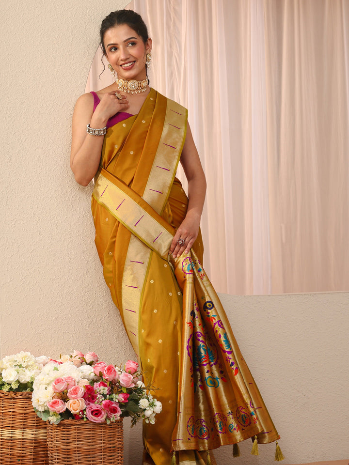 Mustard Ethnic Motif Self Design Silk Blend Saree