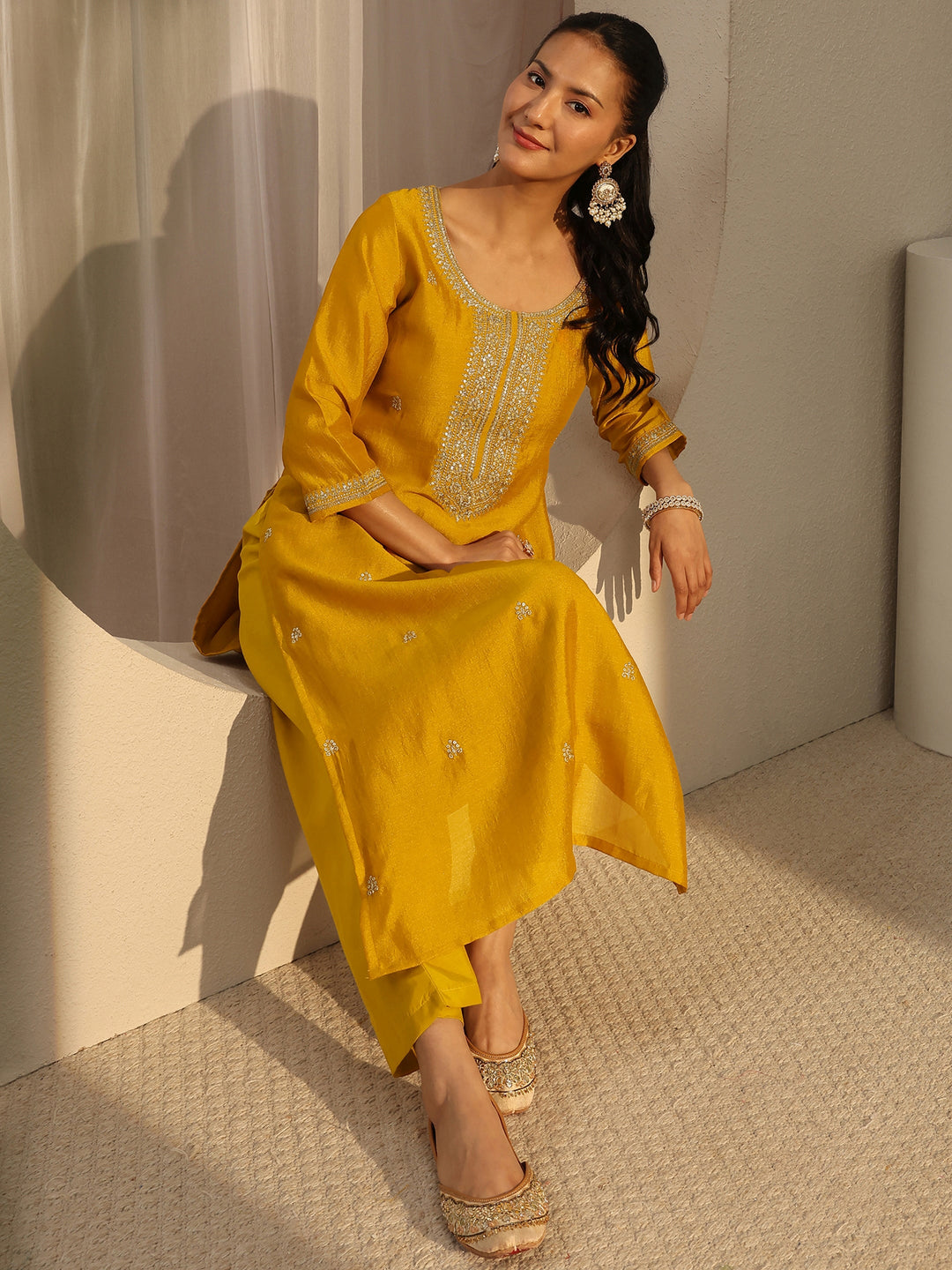 Mustard Ethnic Embroidered Silk Blend Straight Kurta