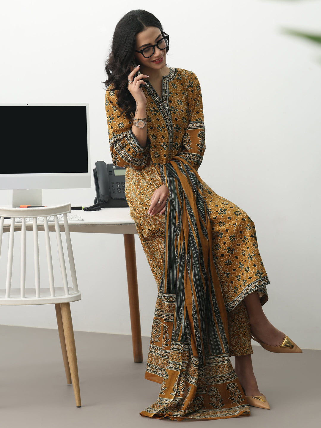 Mustard Ethnic Motifs Printed Cotton Blend A-Line Suit Set With Dupatta