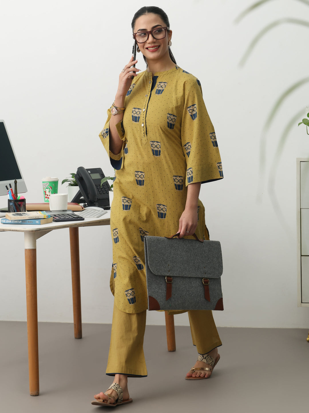 Mustard Ethnic Motifs Printed Cotton Blend Straight Kurta Set