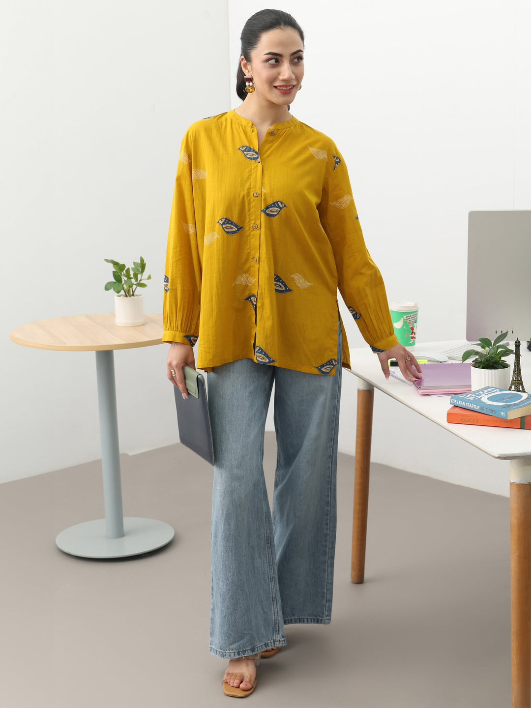 Mustard Ethnic Motifs Printed Cotton Shirt
