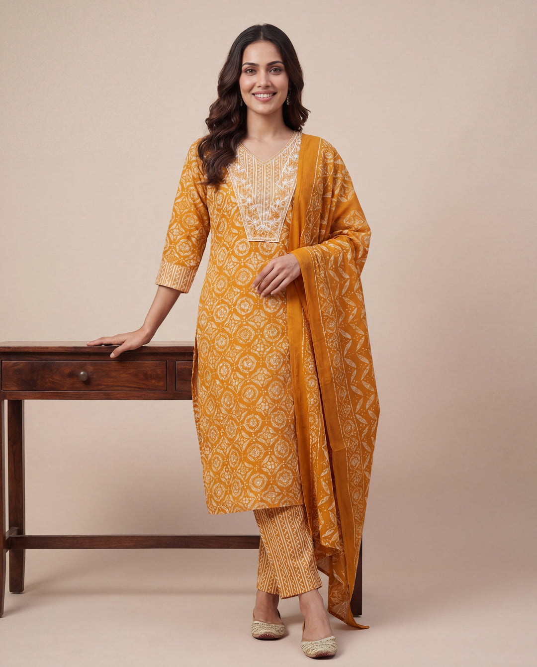 Mustard Ethnic Printed Cotton Blend Straight Suit Set With Dupatta
