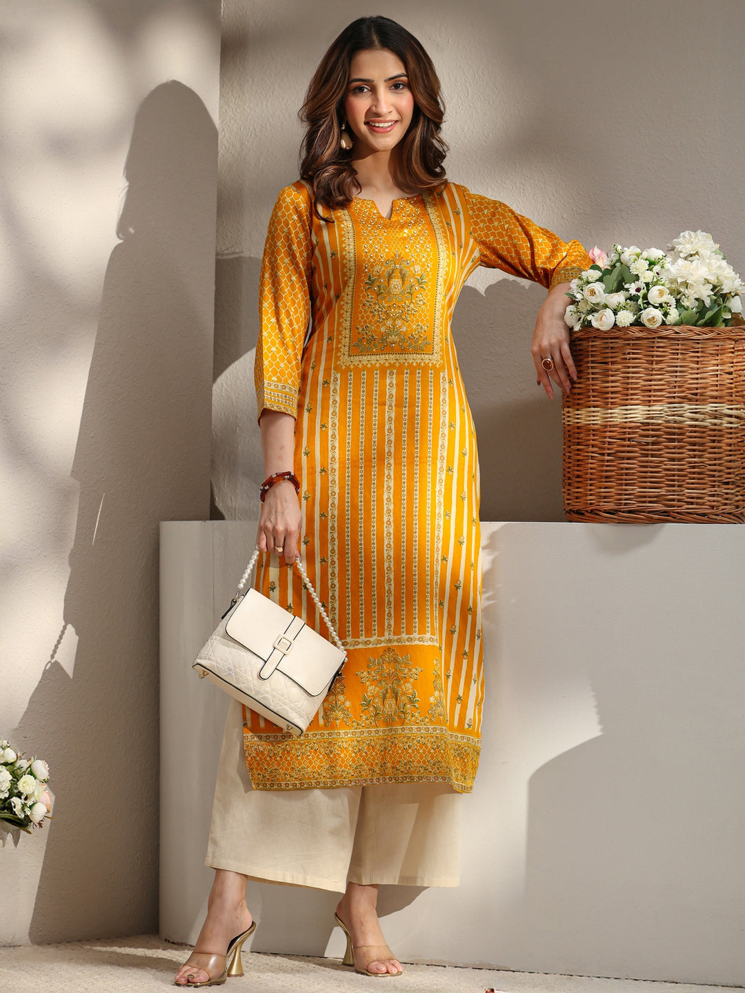 Mustard Ethnic Printed Cotton Straight Kurta