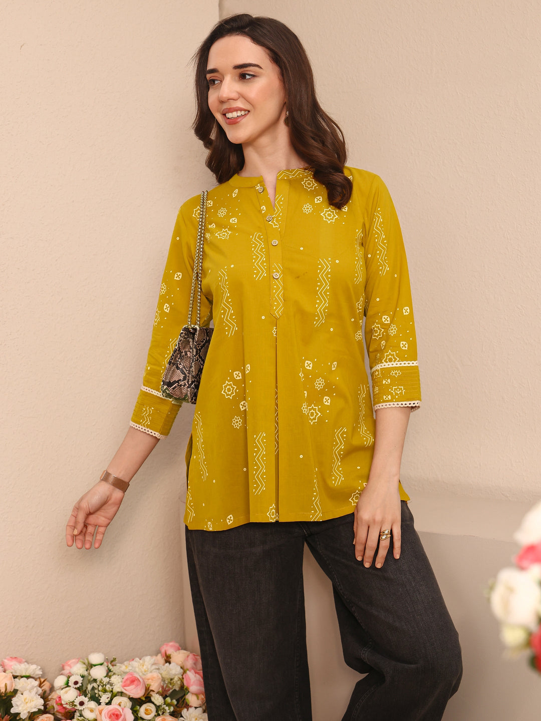 Mustard Ethnic Printed Cotton Straight Short Kurti