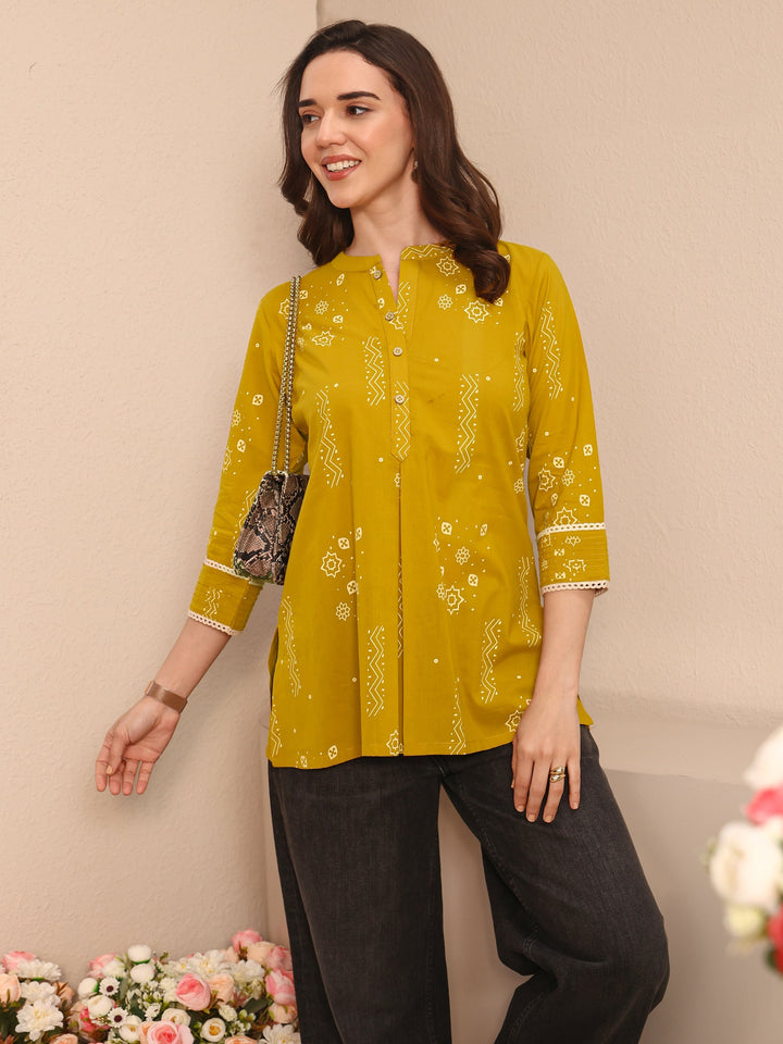 Mustard Ethnic Printed Cotton Straight Short Kurti