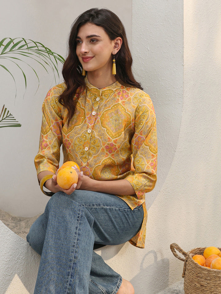Mustard Ethnic Printed Silk Blend Straight Short Kurti