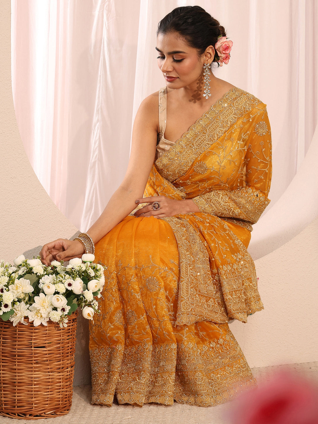 Libas Mustard Floral Embellished Net Saree With Unstitched Blouse Piece