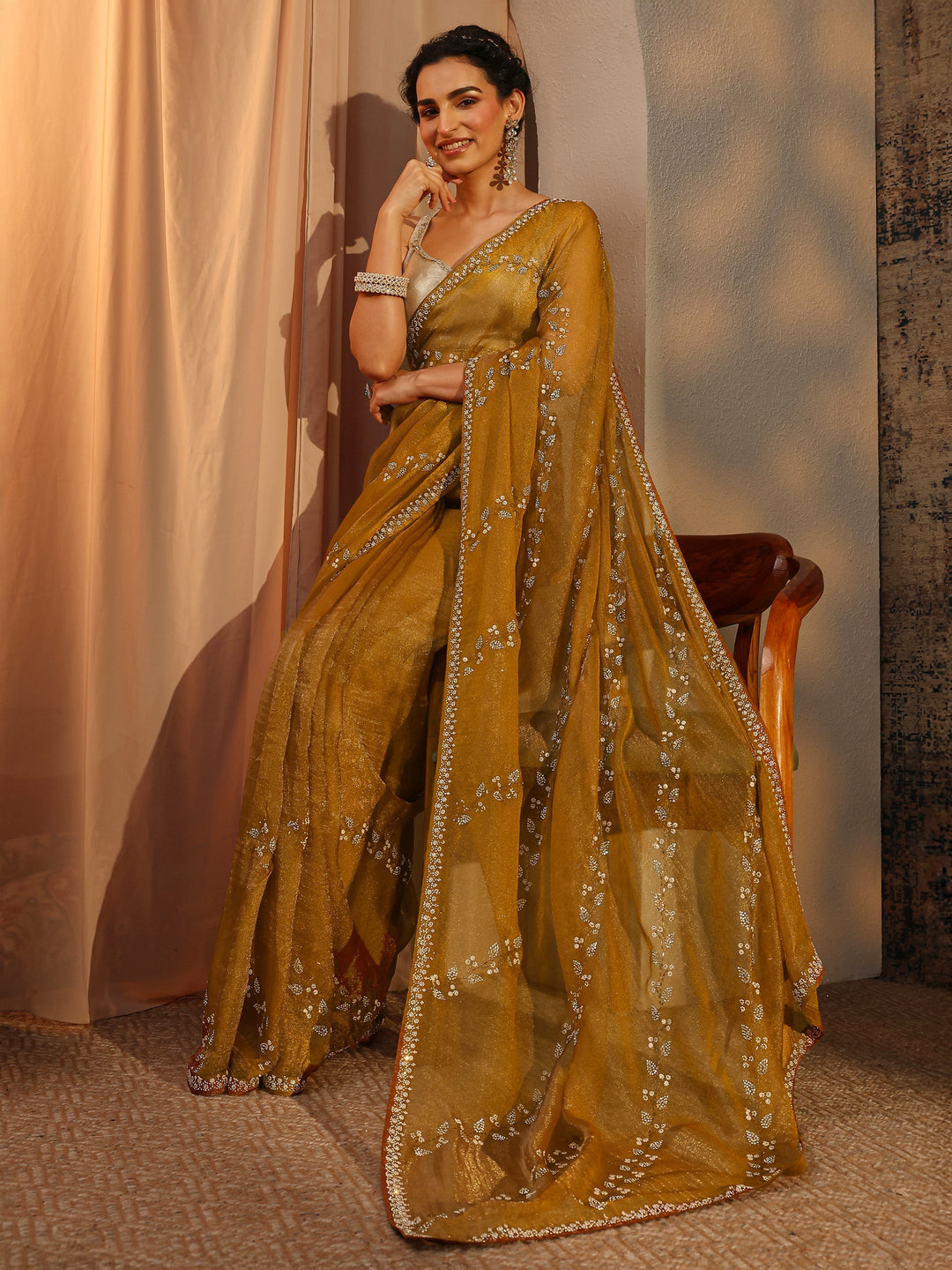Mustard Floral Embellished Tissue Saree With Unstitched Blouse Piece