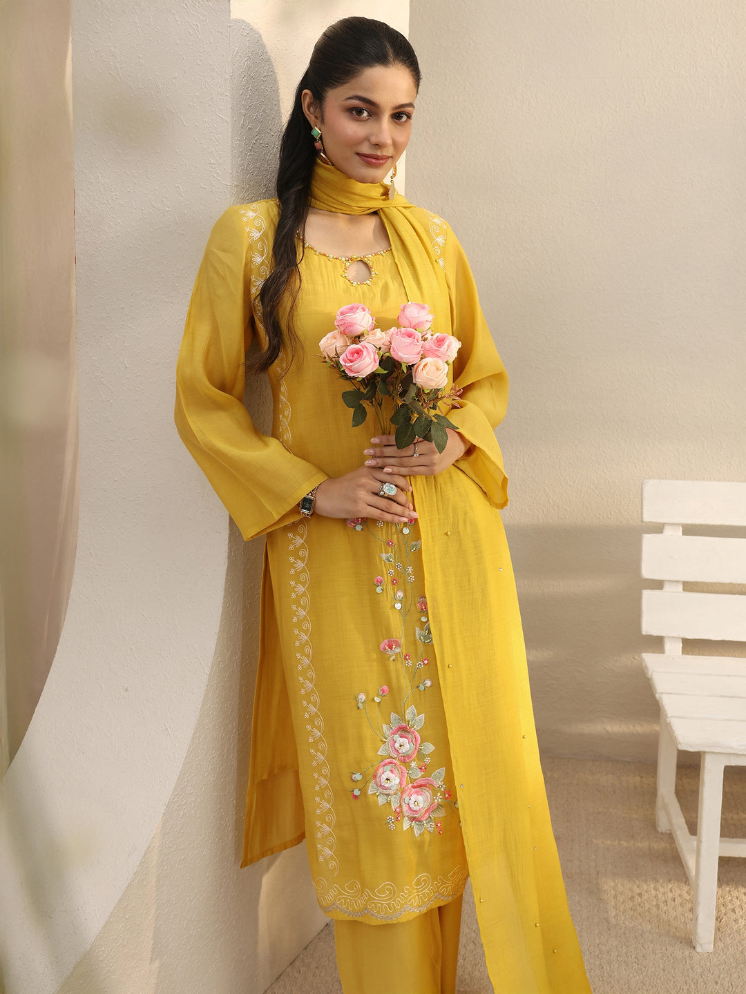 Mustard Floral Embroidered Chanderi Silk Straight Suit Set