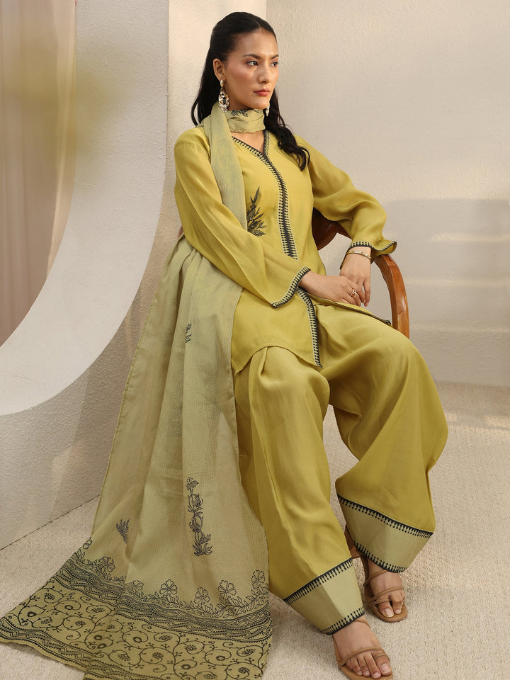 Mustard Floral Embroidered Chanderi Silk Straight Suit Set