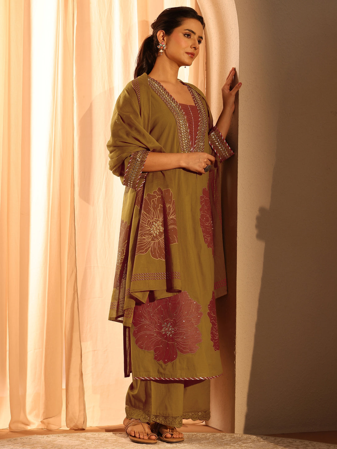Mustard Floral Embroidered Cotton A-Line Suit Set With Dupatta