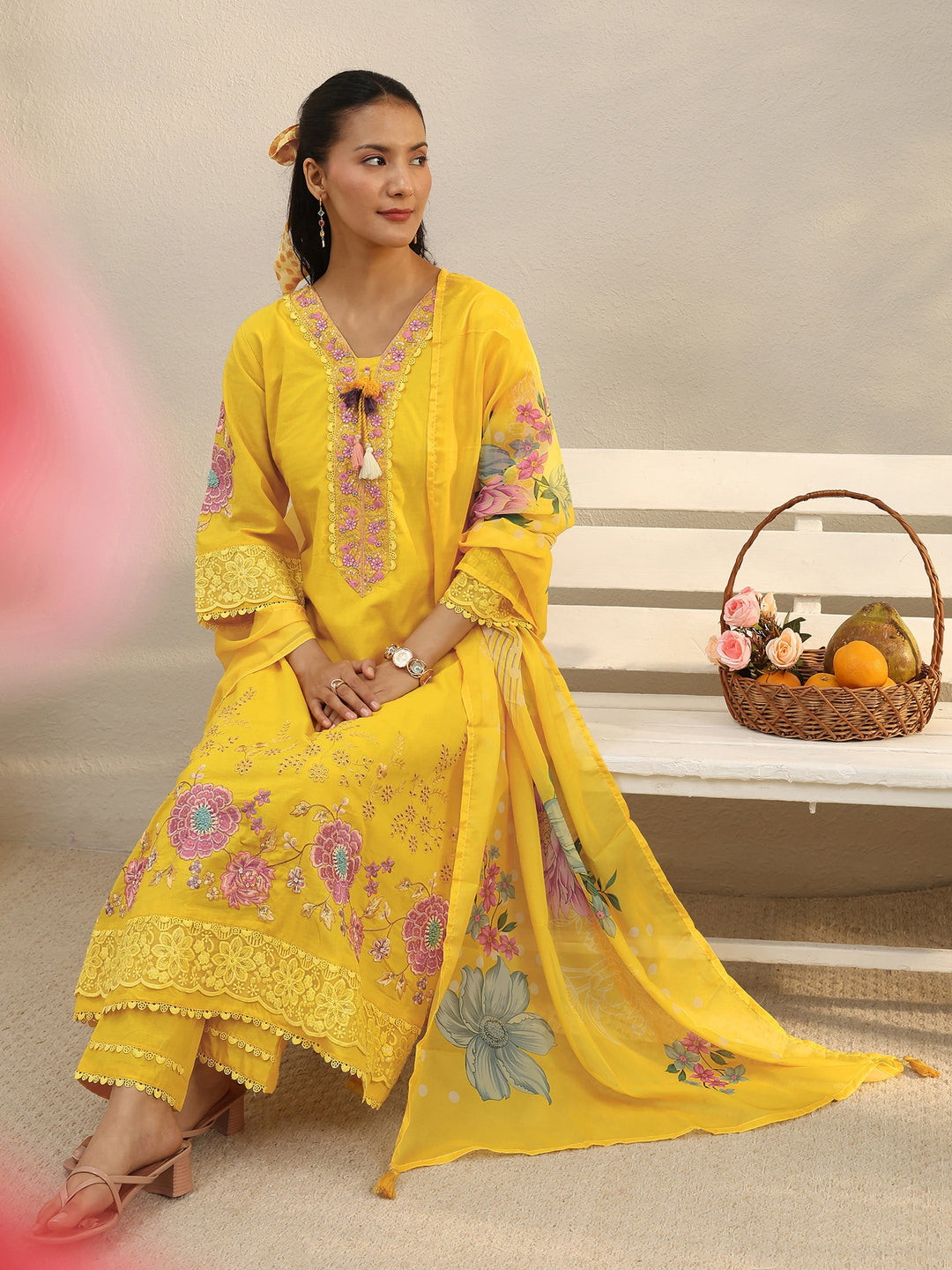 Mustard Floral Embroidered Cotton Blend A-Line Suit Set