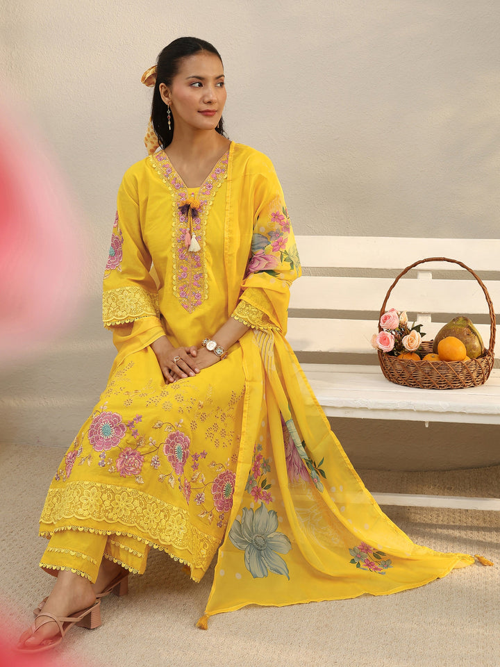 Mustard Floral Embroidered Cotton Blend A-Line Suit Set