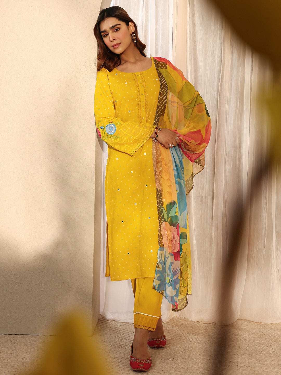 Mustard Floral Embroidered Cotton Blend Straight Suit Set With Dupatta