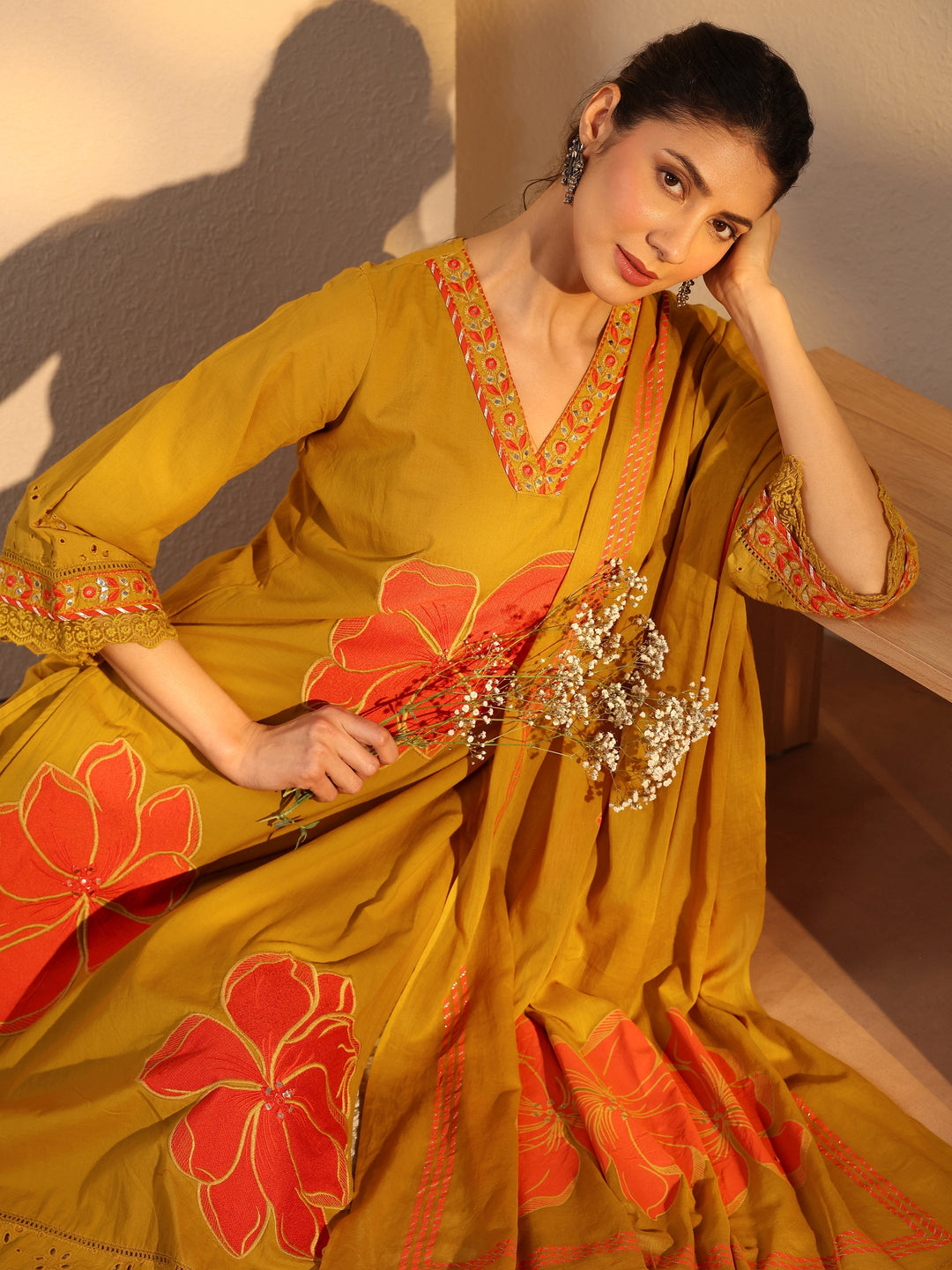 Mustard Floral Embroidered Cotton Straight Suit Set With Dupatta