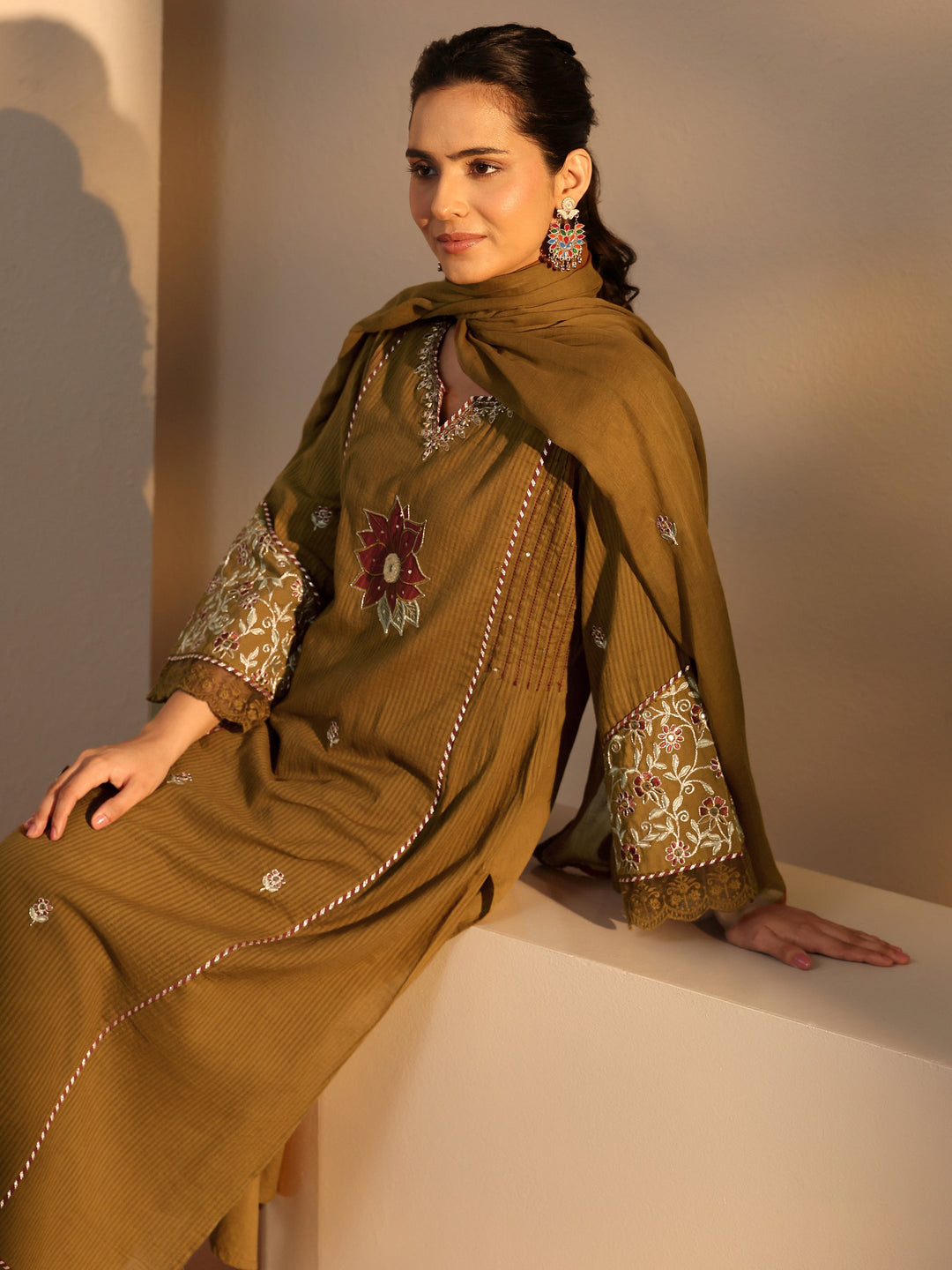 Mustard Floral Embroidered Cotton Straight Suit Set With Dupatta