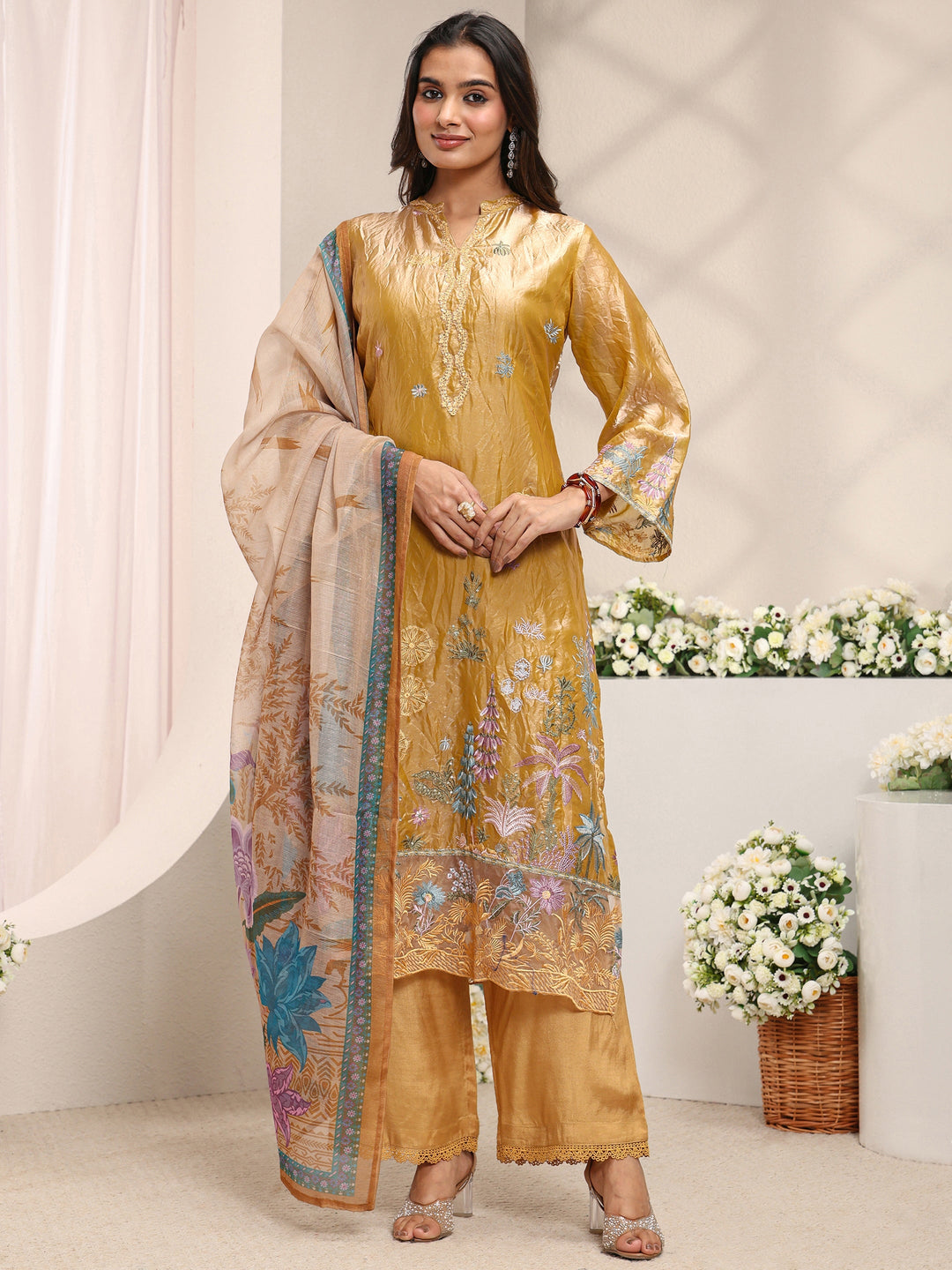 Mustard Floral Embroidered Organza Straight Suit Set with Dupatta