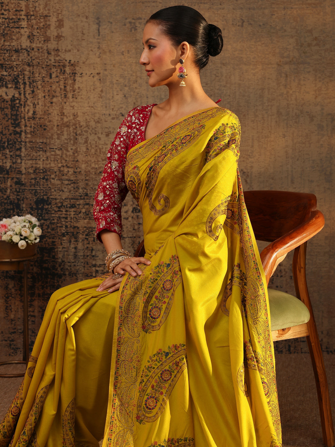 Libas Mustard Floral Embroidered Satin Saree With Unstitched Blouse Piece