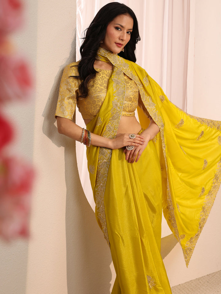 Mustard Floral Embroidered Satin Saree With Unstitched Blouse Piece