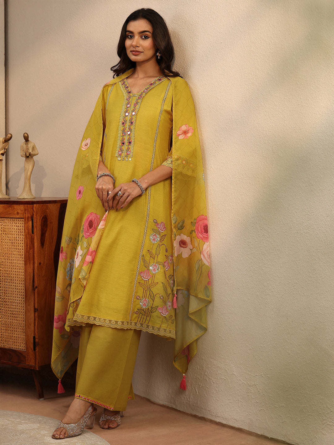 Mustard Floral Embroidered Silk Blend A-Line Suit Set