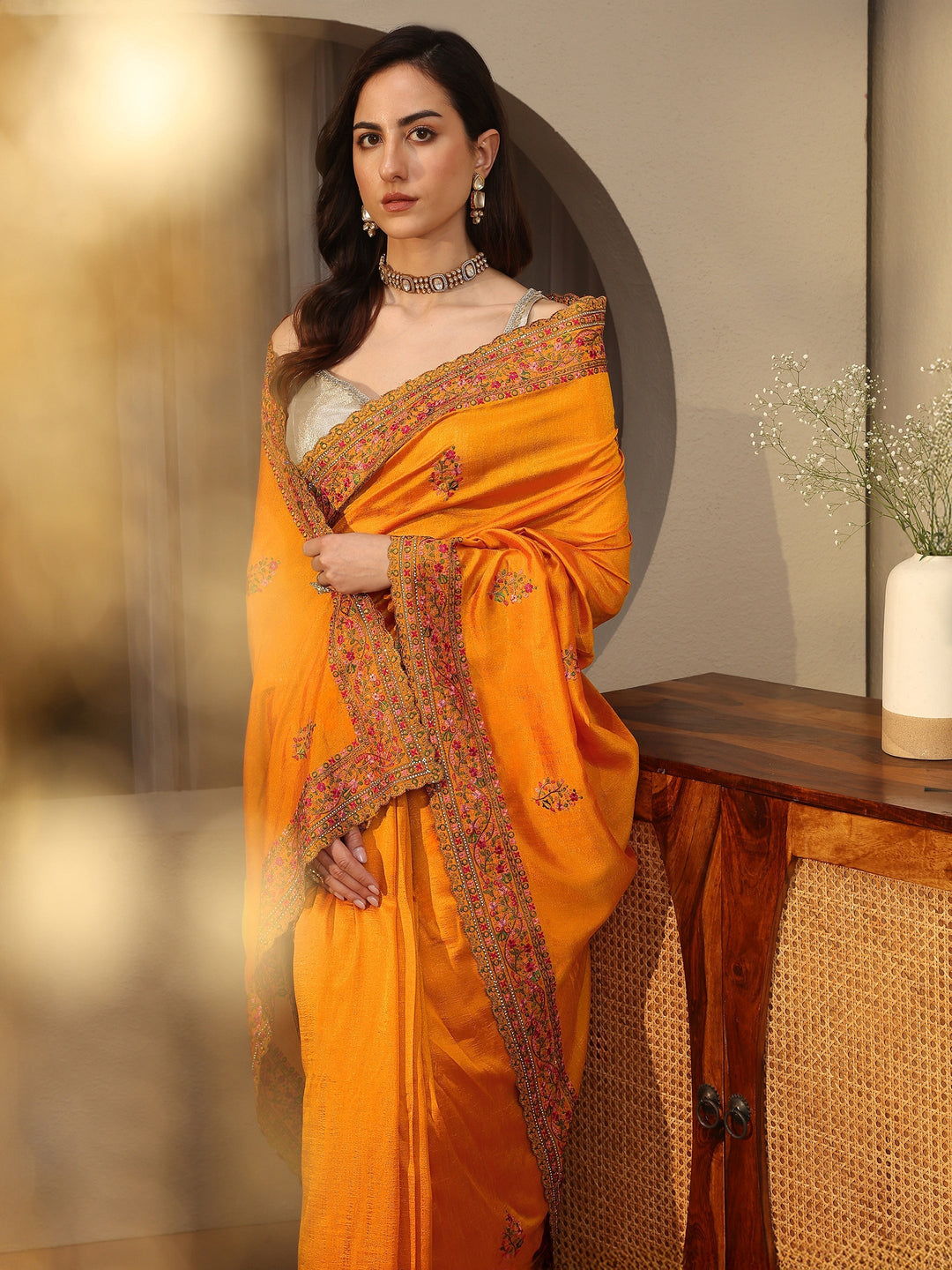 Mustard Floral Embroidered Silk Blend Saree