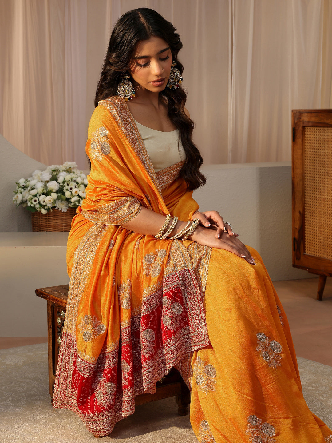 Mustard Floral Embroidered Silk Blend Saree