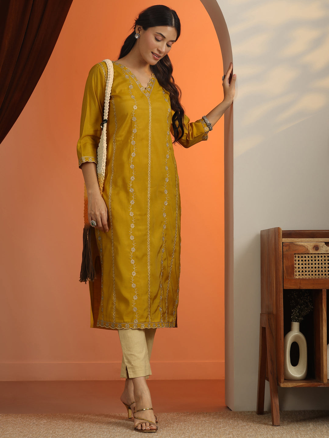 Mustard Floral Embroidered Silk Blend Straight Kurta