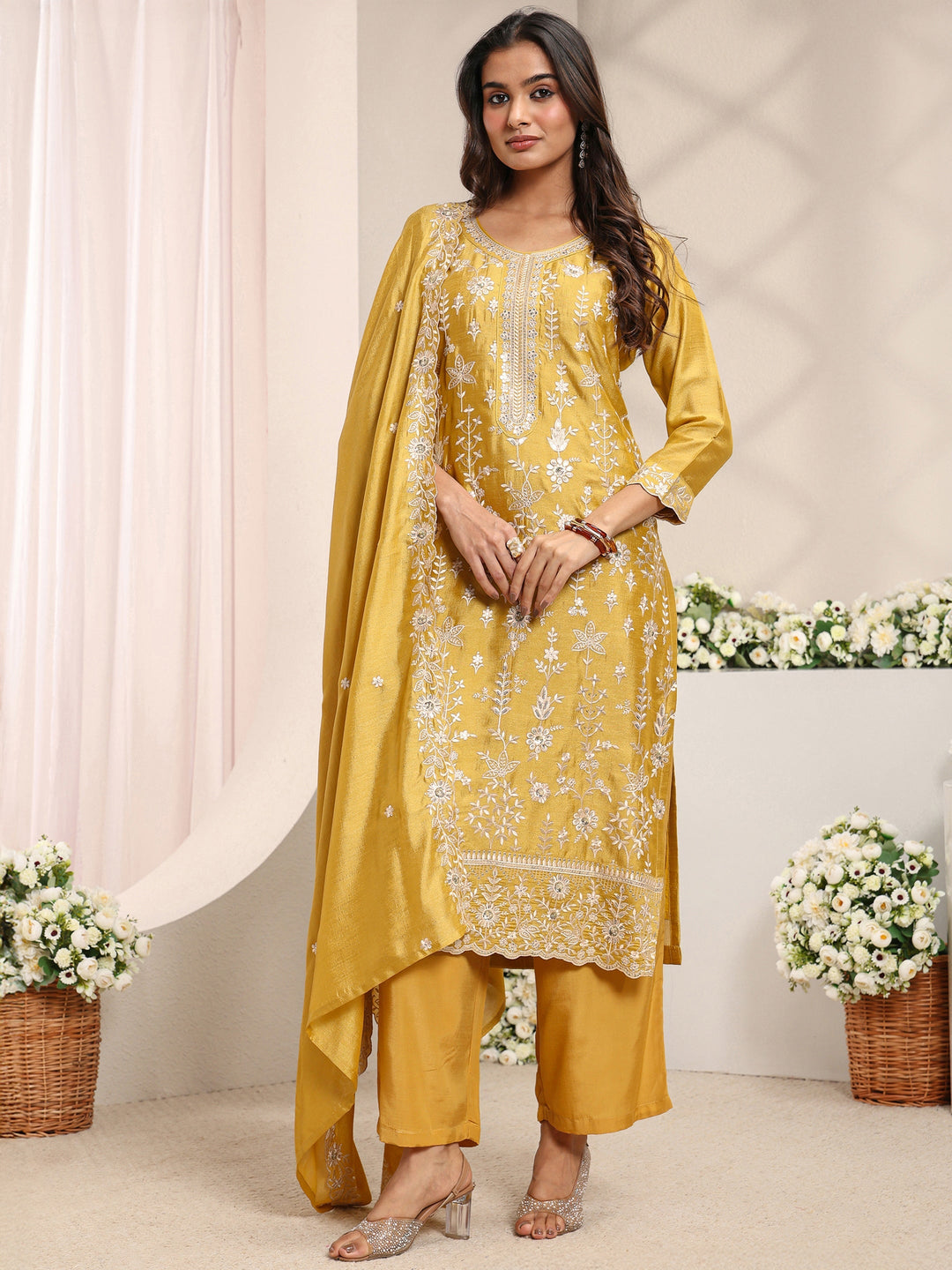 Mustard Floral Embroidered Silk Blend Straight Suit Set With Dupatta