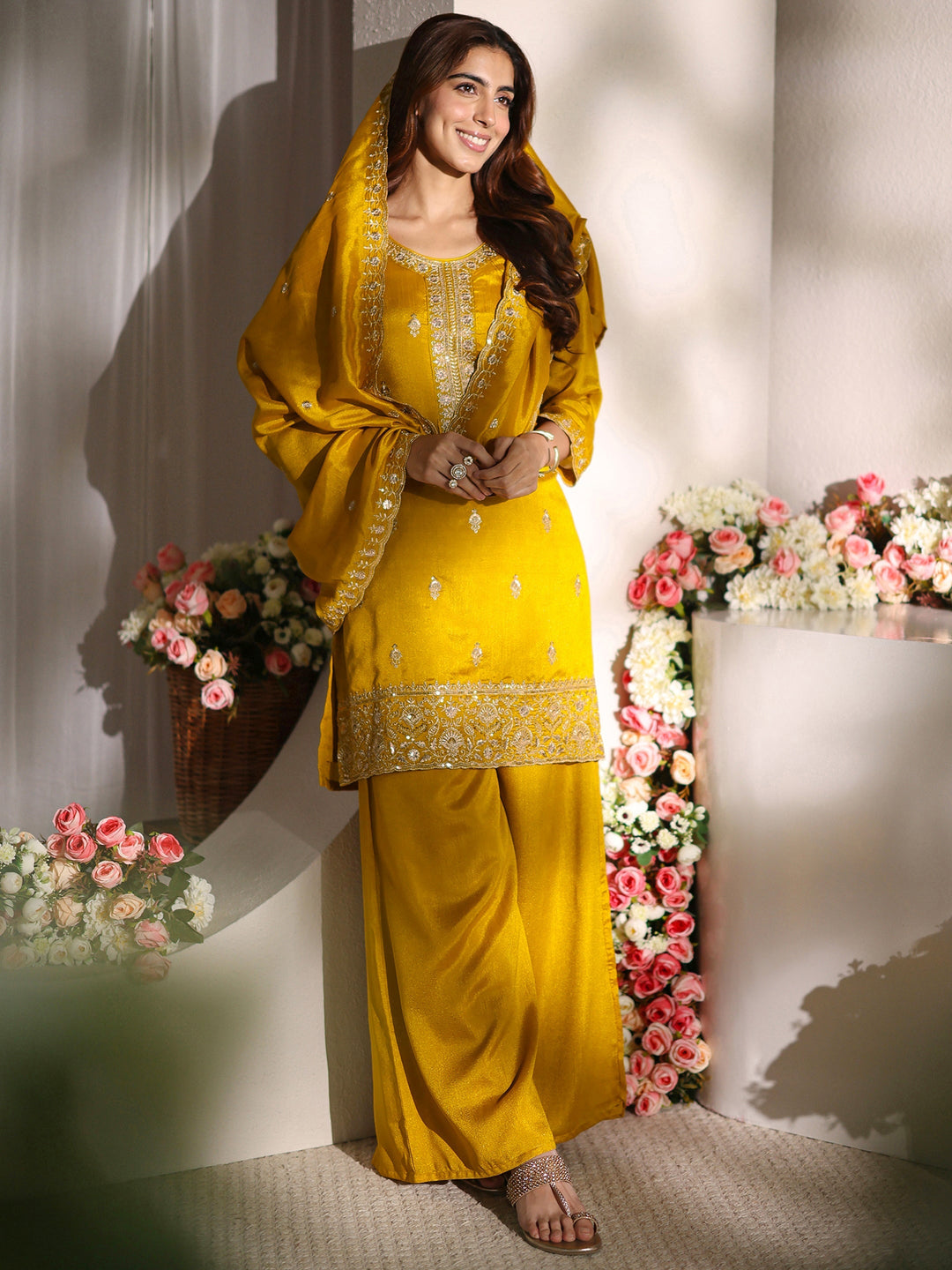 Mustard Floral Embroidered Silk Blend Straight Suit Set With Dupatta