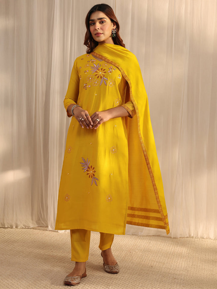 Mustard Floral Embroidered Silk Blend Straight Suit Set With Dupatta