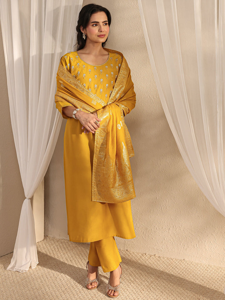Mustard Floral Embroidered Silk Blend Straight Suit Set With Dupatta